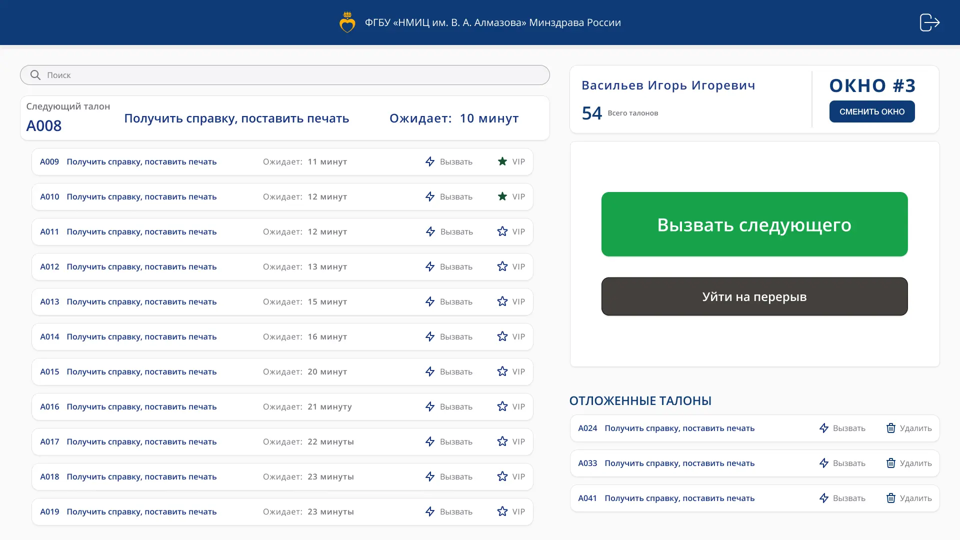 Панель управления очередью